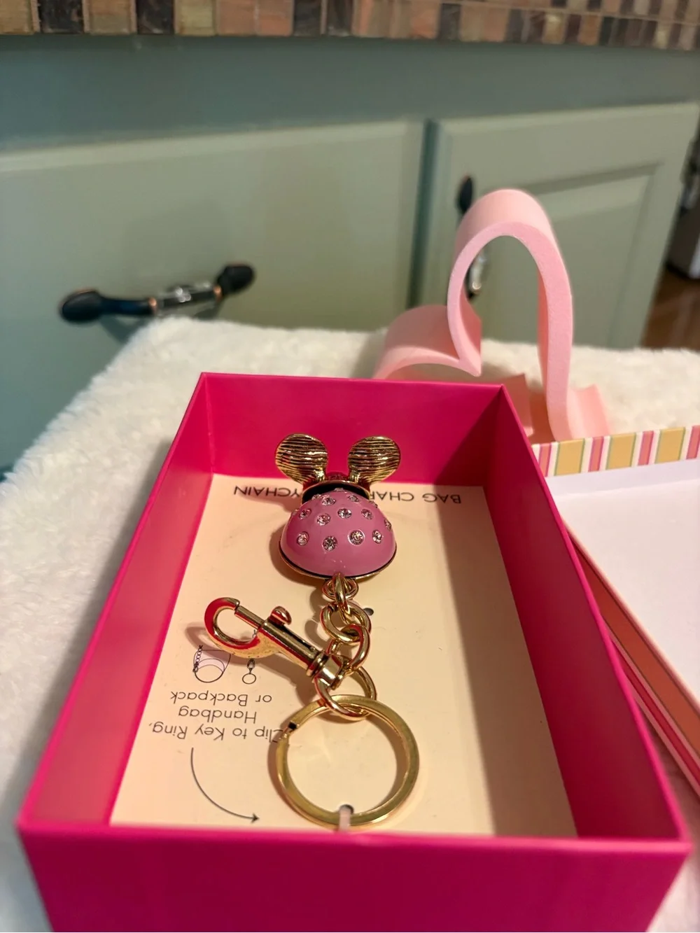 nOir Jewelry Pink Crystal Mouse Bag Charm with Gold Hardware